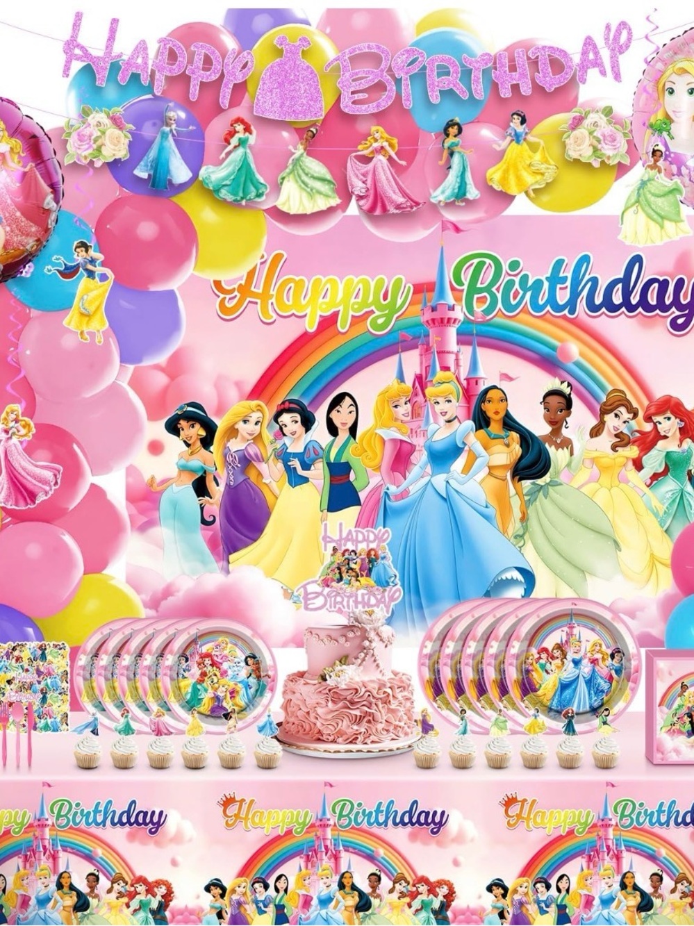 Disney Princess Party Decorations Set - Pink, Yellow, Blue, Purple